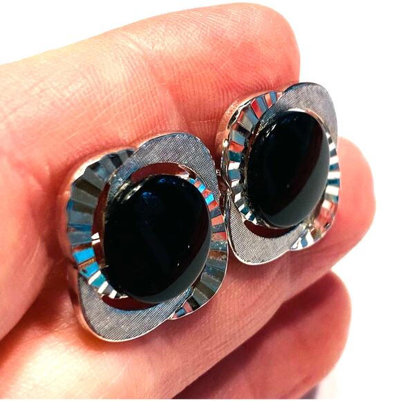 Vintage Cufflinks Textured Dimensional Silver & Polished Black Stones Speidel? - Picture 4 of 6